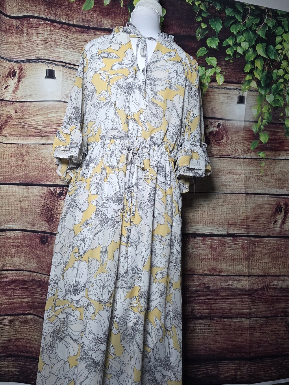 Women’s Yellow Floral Midi Dress with Tie Waist and Ruffle Sleeves